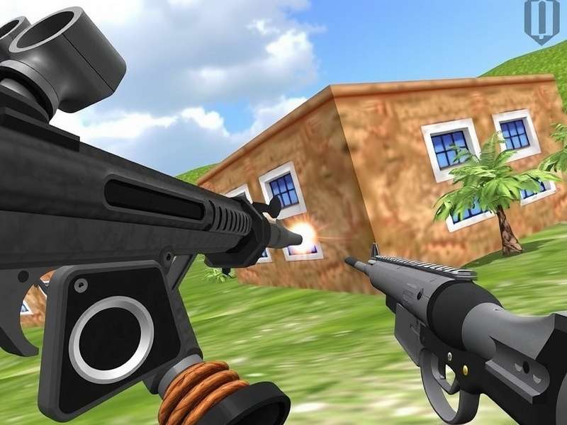 Sniper 3D Gameplay screenshot showing a sniper scope view in an urban environment