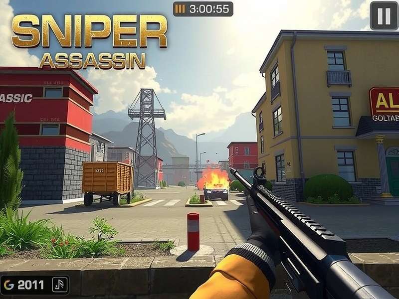 Sniper 3D Assassin gameplay screenshot showing sniper rifle scope