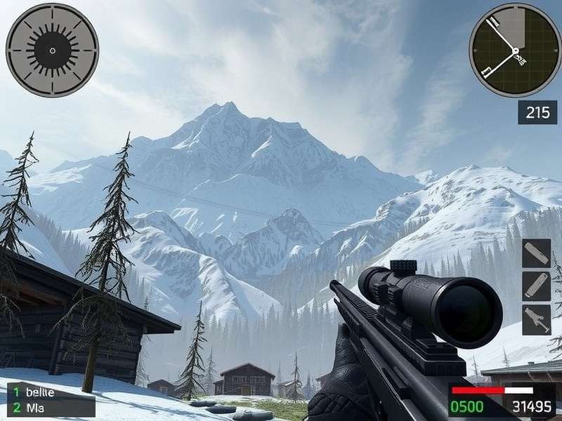 Sniper 3D gameplay screenshot showing a sniper scope view in an urban environment