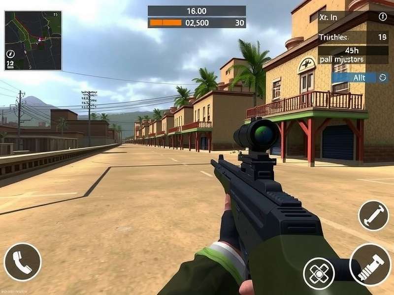 Sniper 3D Online gameplay screenshot showing a sniper scope view in an urban environment