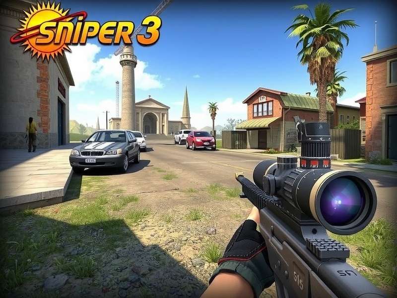 Sniper 3D Online gameplay screenshot showing sniper rifle scope