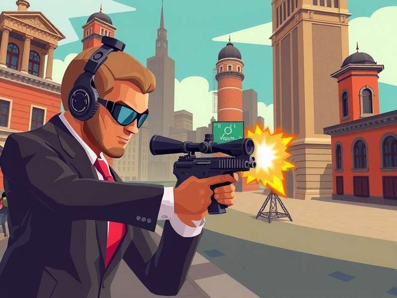 Sniper 3D Lawyer Revenge gameplay scene showing a sniper scope targeting a courthouse