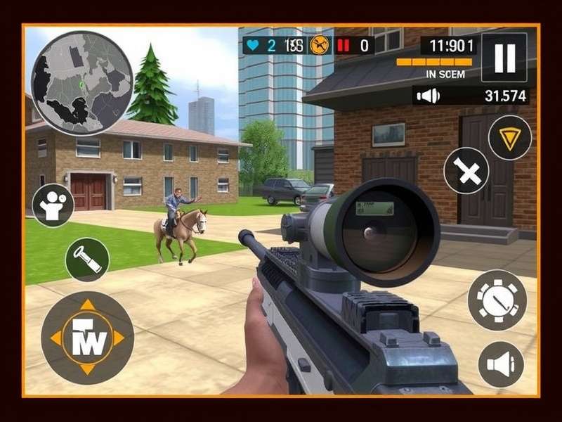 Sniper 3D Mod Apk gameplay screenshot showing sniper rifle and targets