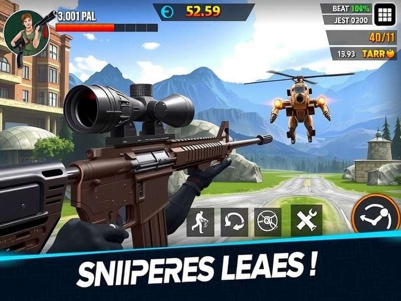 Sniper 3D Assassin Free To Play gameplay screenshot showing a sniper rifle scope and mission interface