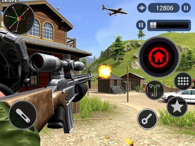 Sniper 3D gameplay action screenshot with sniper rifle and target