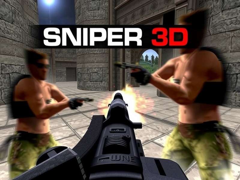 Sniper 3D game running on a PC monitor with high-resolution sniper scope view