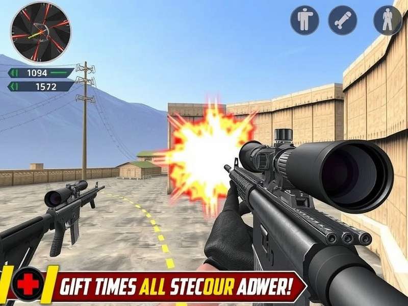 Sniper 3D gameplay action shot showing sniper rifle scope view