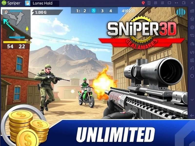 Sniper 3D Mod Apk Unlimited Money And Gems And Energy iOS — Hero Banner showing in-game sniper scope with gold and gem icons
