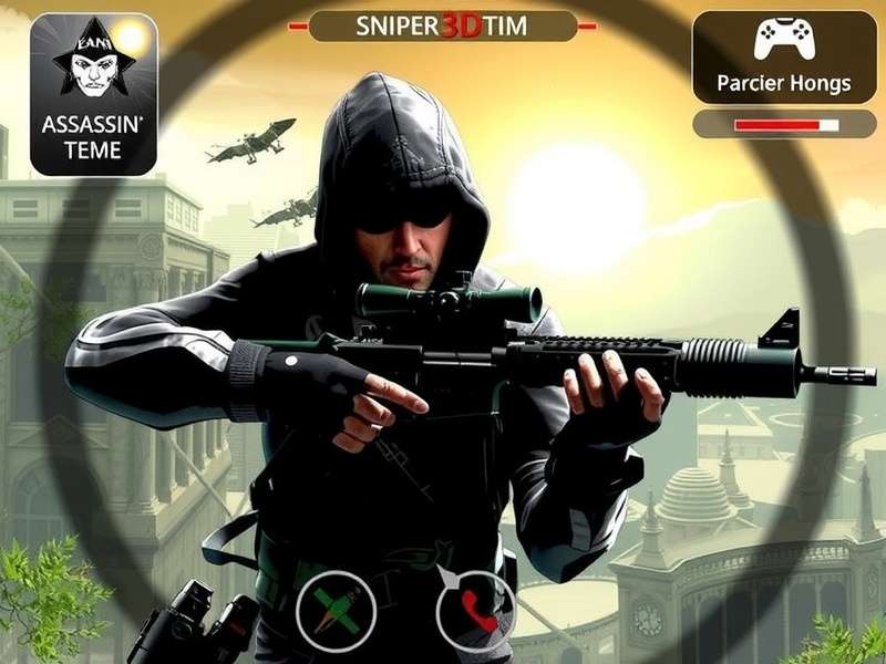 Sniper 3D Assassin Theme — tactical sniper scope targeting a distant objective