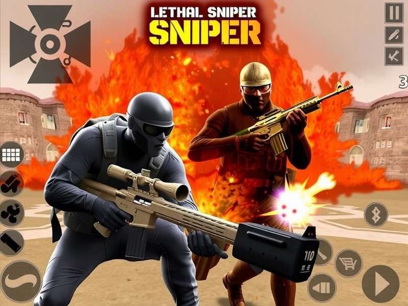 Lethal Sniper 3d Unblocked gameplay screenshot showing a sniper rifle scope targeting an enemy in a urban Indian-style map